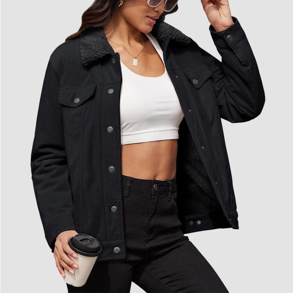 Magcomsen‎ Sherpa Lined Corduroy Trucker Jacket Black Women Size M NWT $72 MSRP